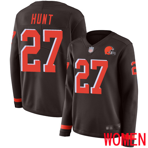 Cleveland Browns Kareem Hunt Women Brown Limited Jersey #27 NFL Football Therma Long Sleeve